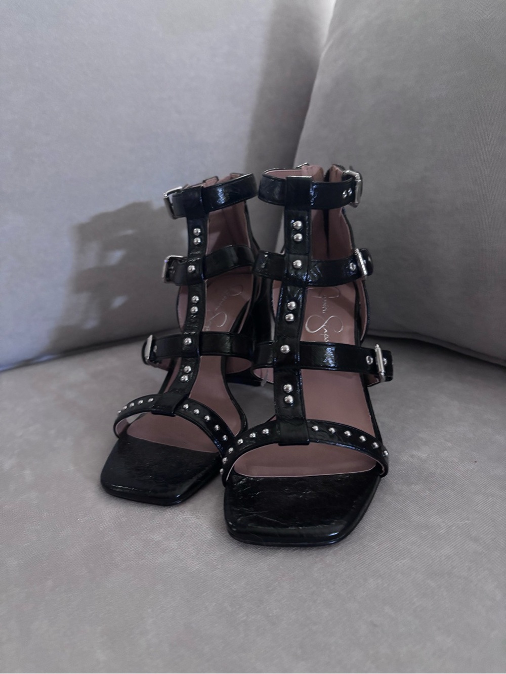 Jessica Simpson Black Patent Studded Strappy Block Heels